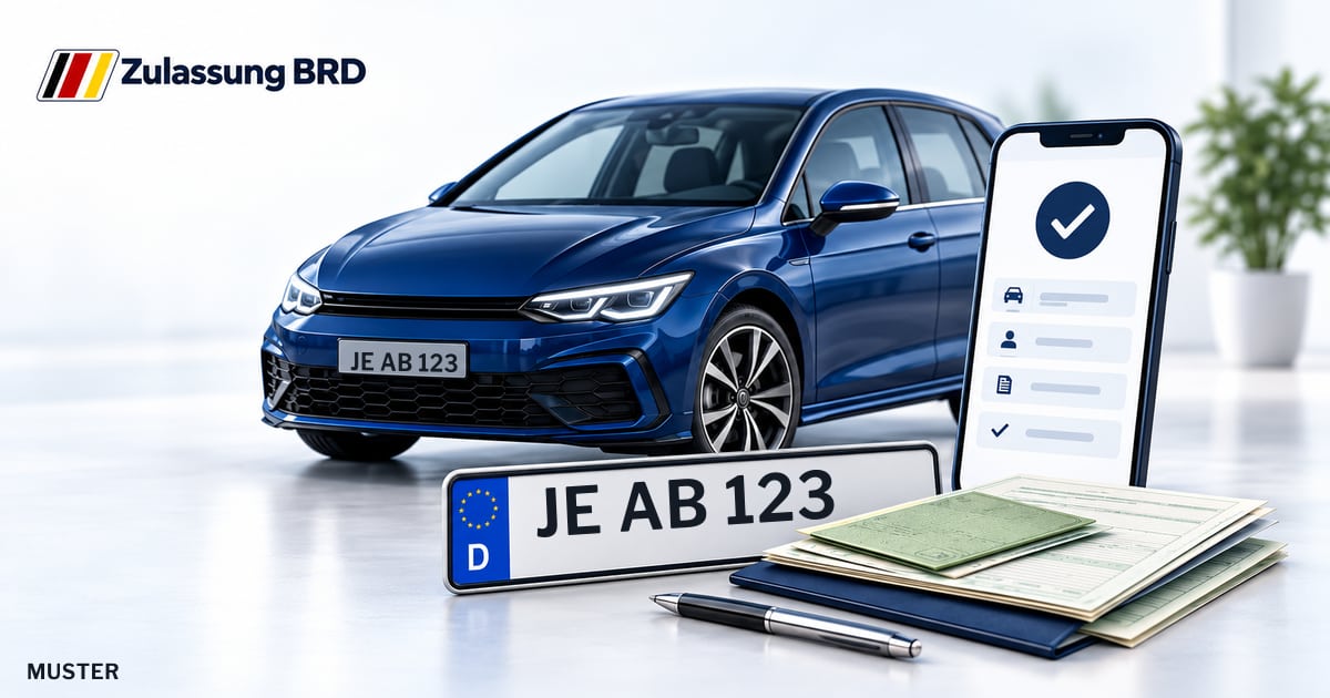 Online Fahrzeugzulassung in Gräfenhainichen: Musterkennzeichen JE AB 123, Auto und Fahrzeugpapiere und Smartphone. Illustration mit Logo von Zulassung BRD.